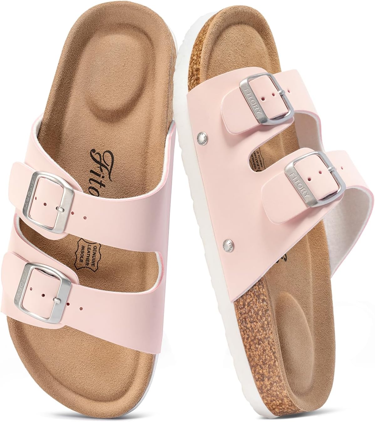 Women's Cork Footbed Slide Sandals - Open Toe with Adjustable Buckle Straps and Built In Arch Support - 6