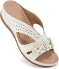 Women's Memory Foam Wedge Slide Sandals - Slip On Platform Sole with Wide Band for Dressy Summer Days - White