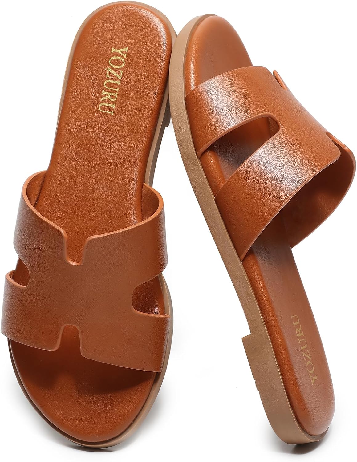 Women's Leather Flat Slide Sandals - Slip On Open Toe Pair for Office Days, Beach and Summer Vacations - 6