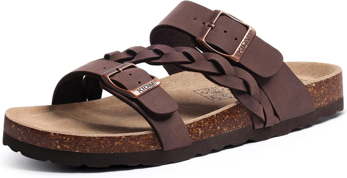 Women's Braided Cork Footbed Slide Sandals - Adjustable Buckle Straps with Arch Support for Travel and Beach Days - 6