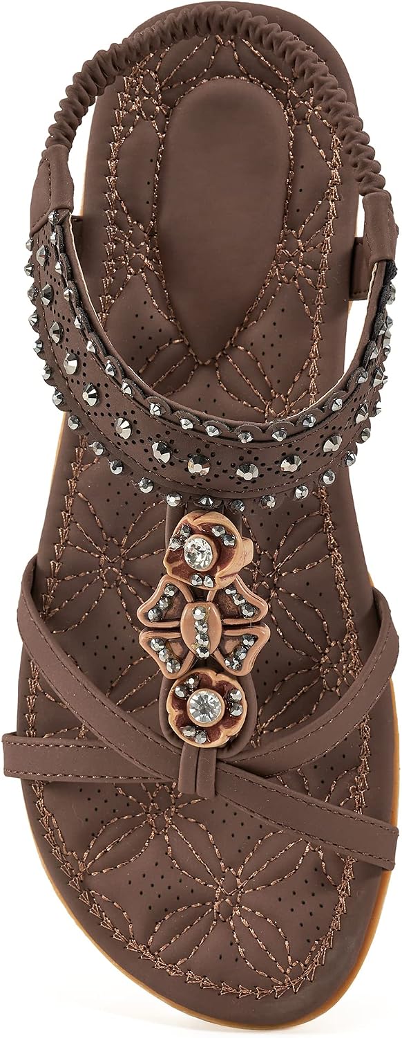 Women's Jeweled Bohemian Flat Sandals - Elastic Ankle Strap and Flat Sole for Weddings and Vacations - 6