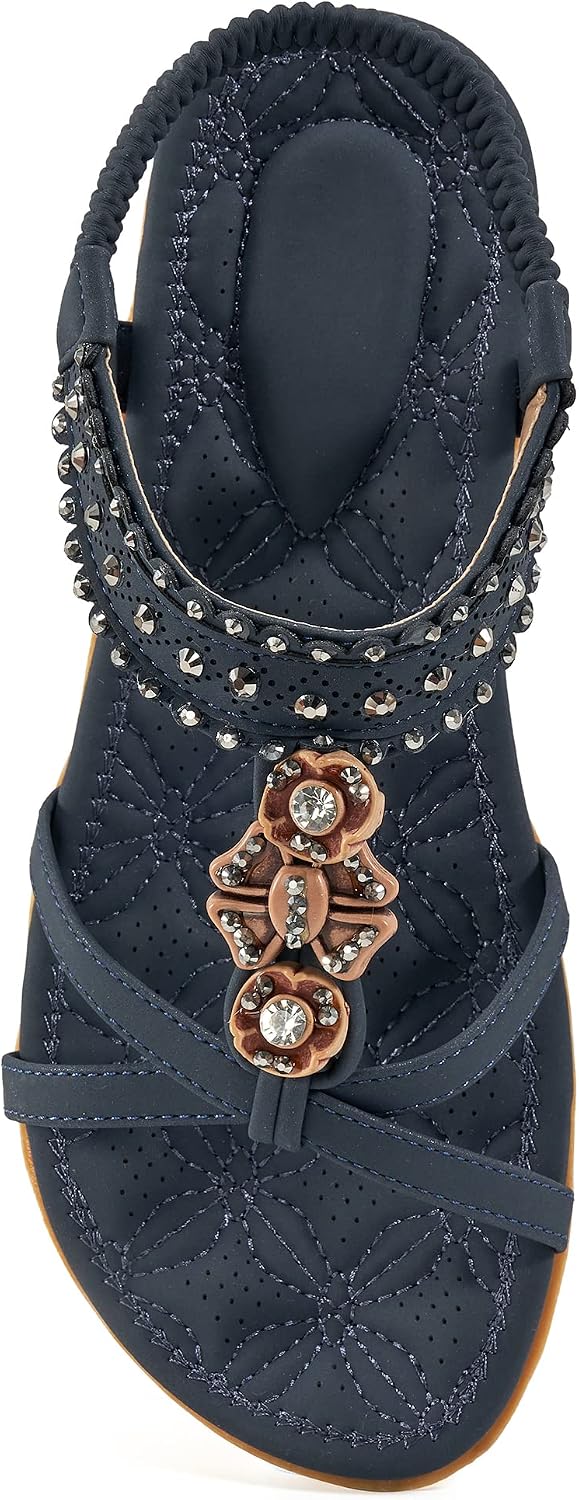 Women's Jeweled Bohemian Flat Sandals - Elastic Ankle Strap and Flat Sole for Weddings and Vacations - 7