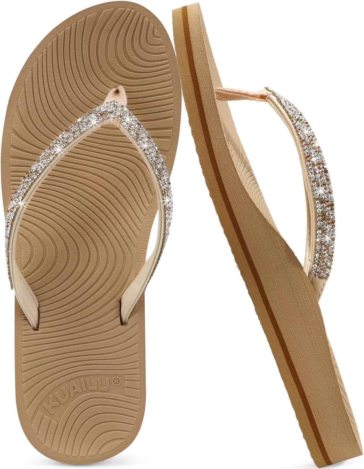 Women's Rhinestone Thong Flip Flops - Yoga Mat Cushioned Footbed with Arch Support for Beach and Travel - 6