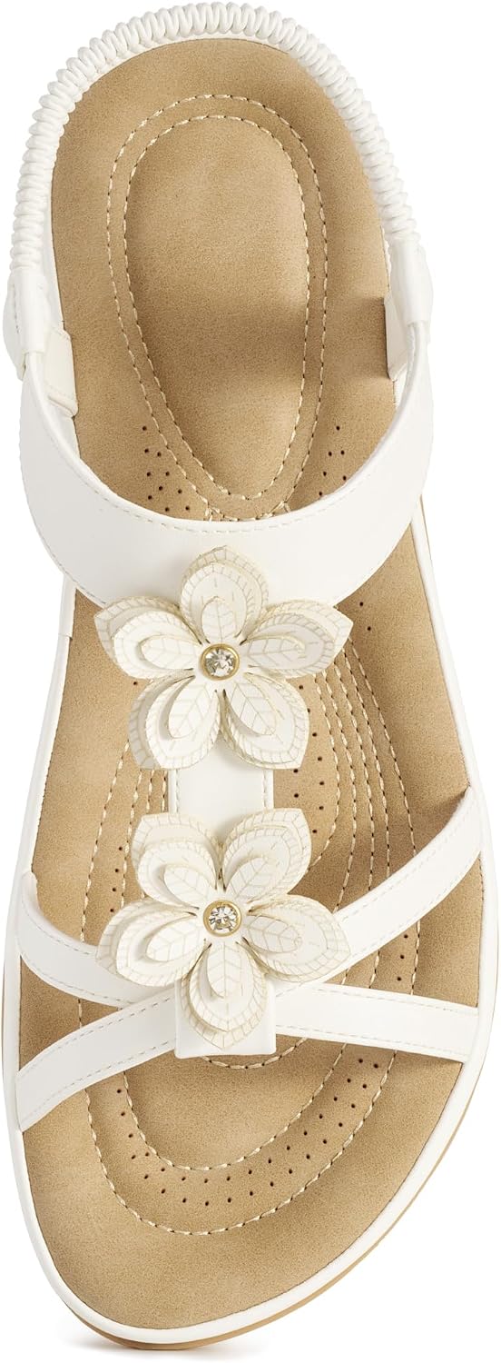 Women's Floral Flat Sandals - Ankle Strap with Cushioned Footbed and Non Slip Outsole for Summer Vacations - 6