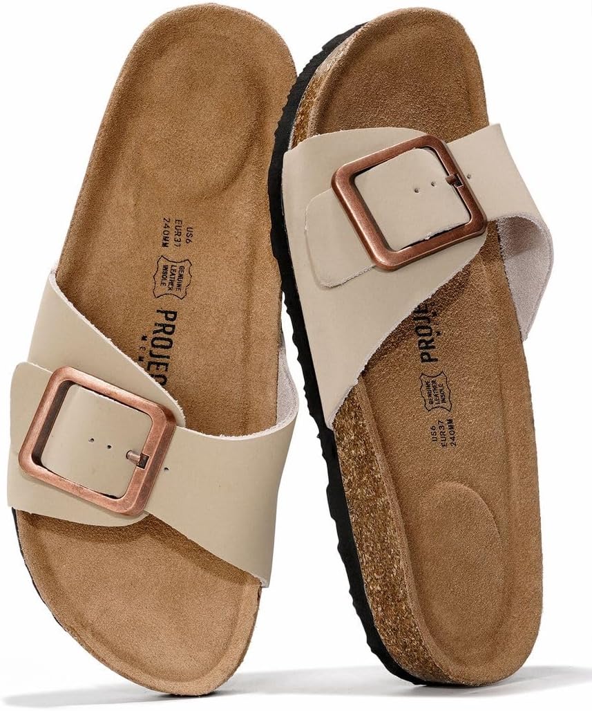 Women's Genuine Leather Slide Sandals - Memory Foam Insole and Buckle Strap for Everyday Summer Wear - 6