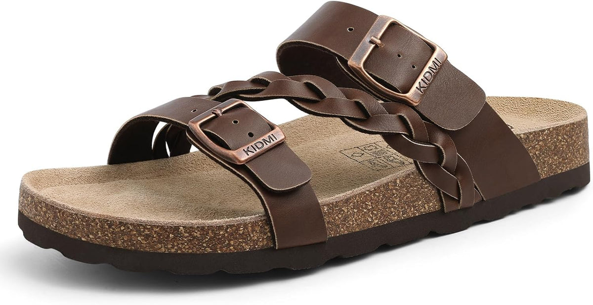 Women's Braided Cork Footbed Slide Sandals - Adjustable Buckle Straps with Arch Support for Travel and Beach Days - 7