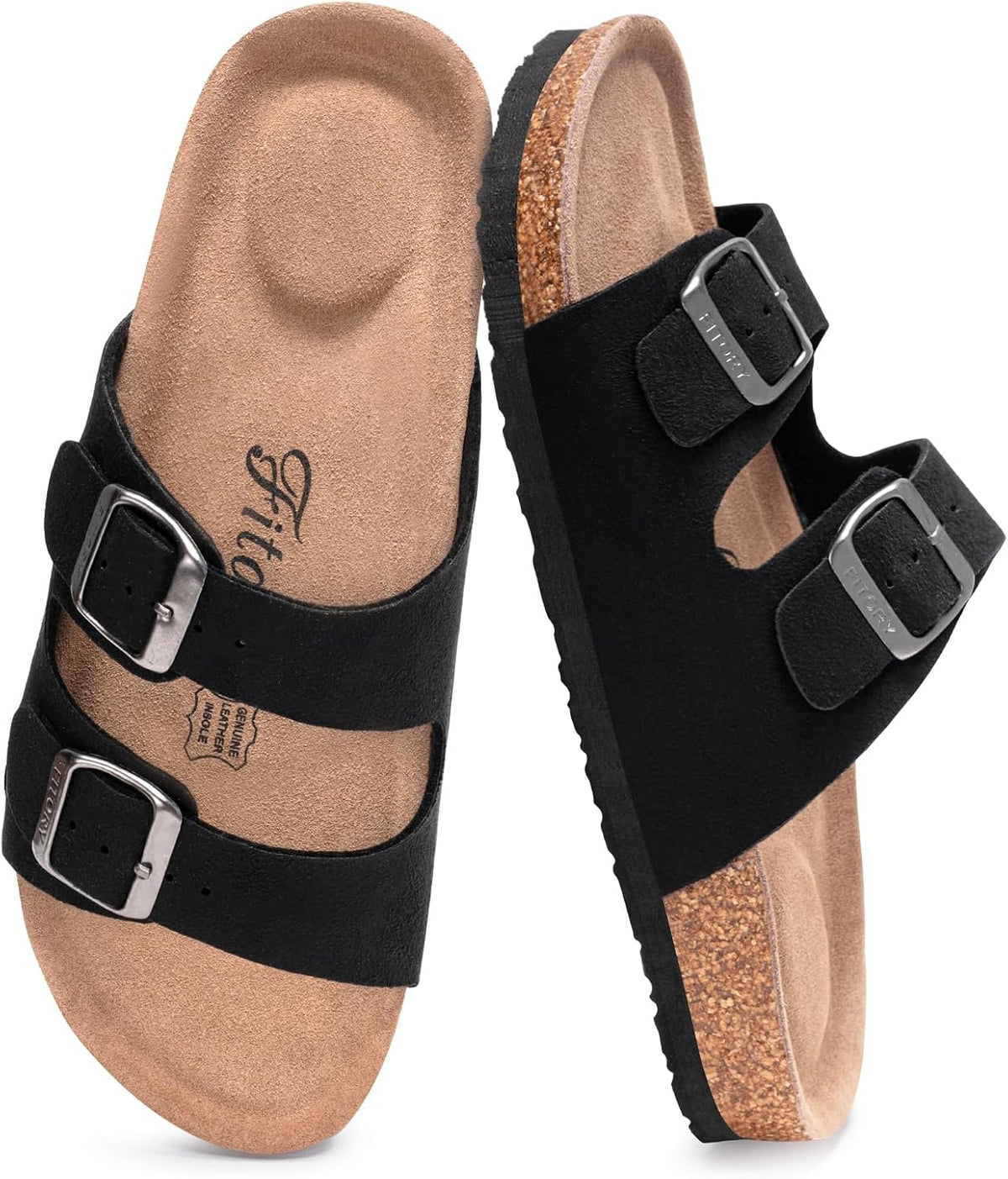 Women's Cork Footbed Slide Sandals - Open Toe with Adjustable Buckle Straps and Built In Arch Support - 6