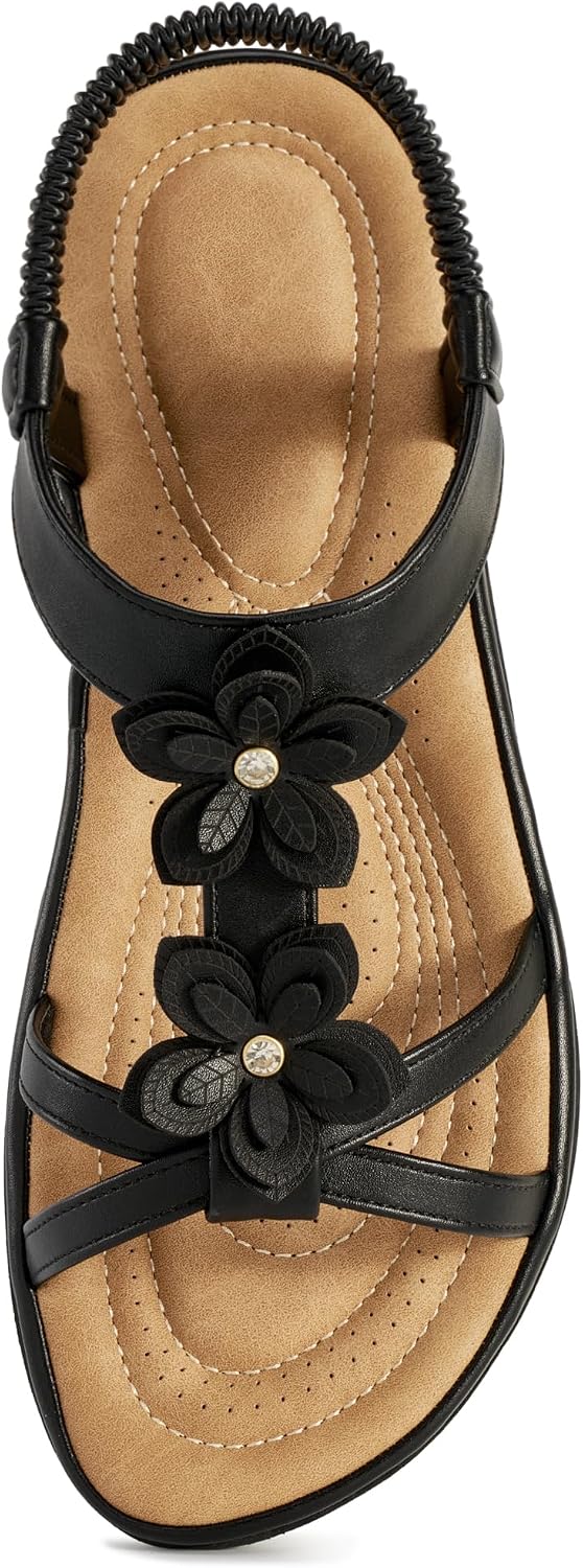 Women's Floral Flat Sandals - Ankle Strap with Cushioned Footbed and Non Slip Outsole for Summer Vacations - 6