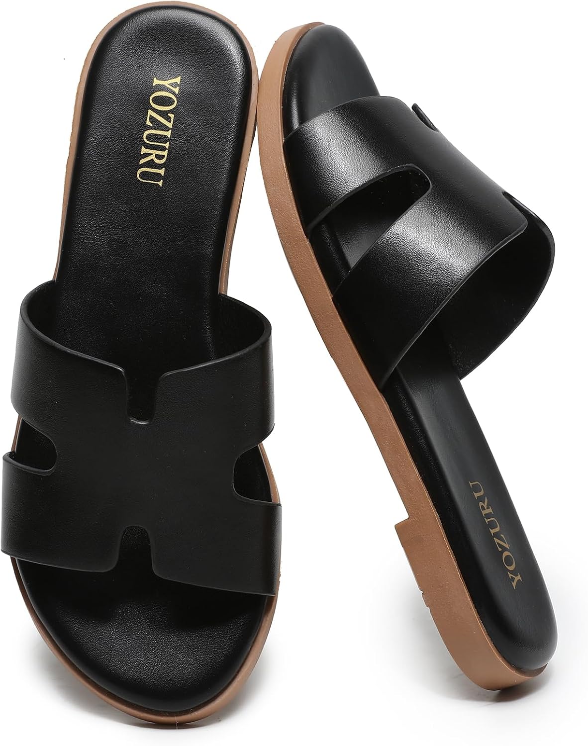 Women's Leather Flat Slide Sandals - Slip On Open Toe Pair for Office Days, Beach and Summer Vacations - 6