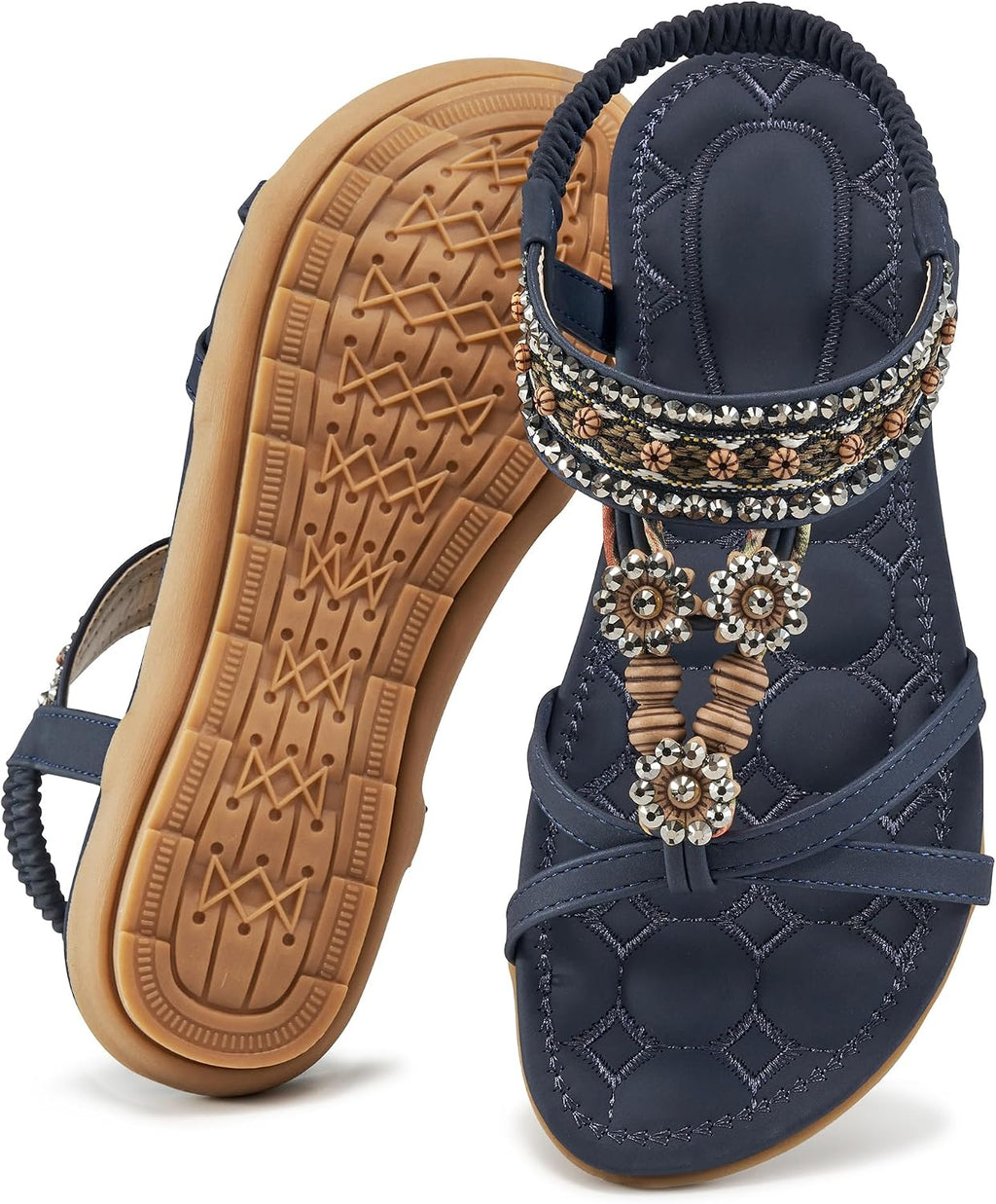Women's Bohemian Flat Sandals - Elastic Ankle Strap and Level Flat Sole for Dressy Summer Walking - 7