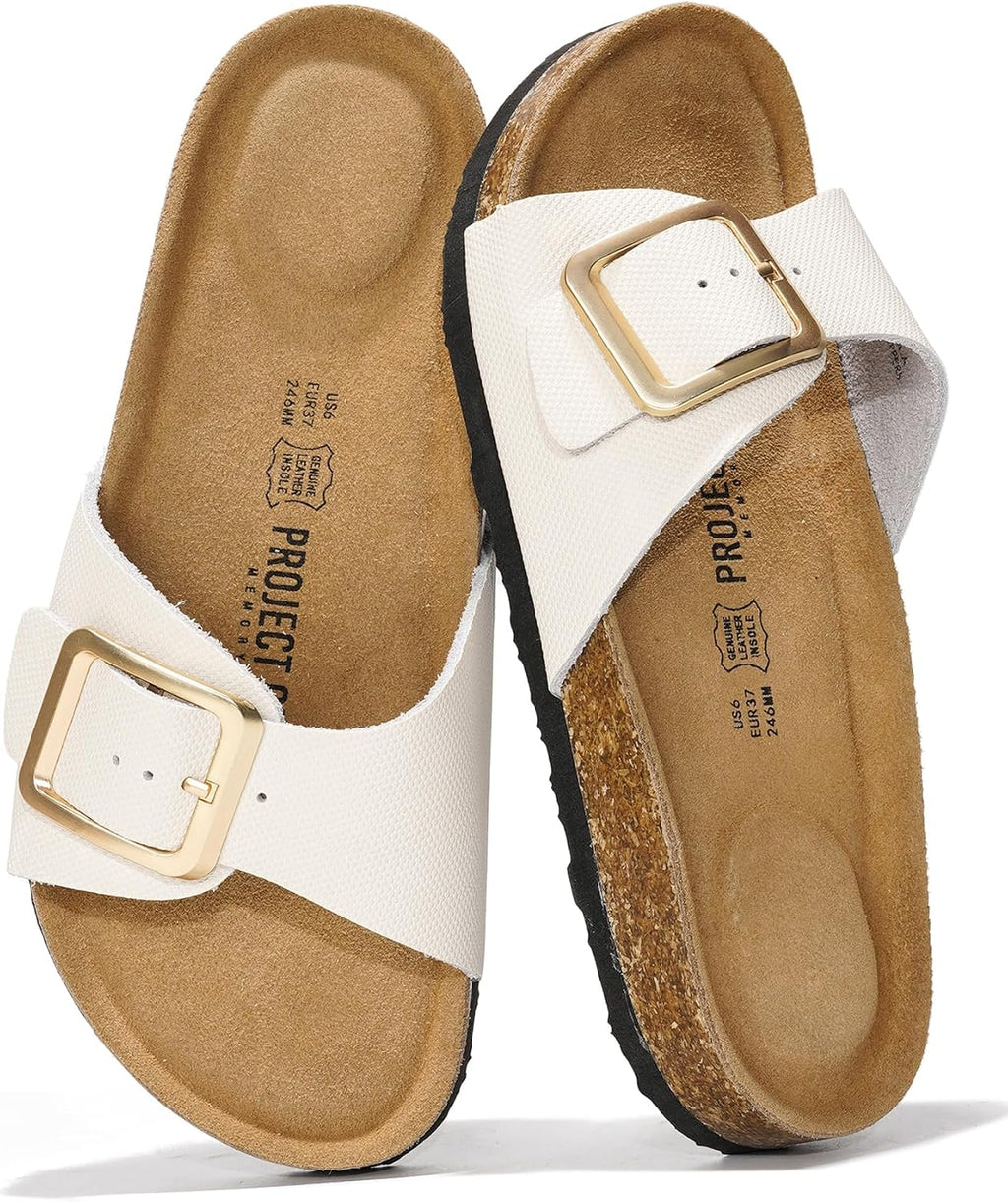 Women's Genuine Leather Slide Sandals - Memory Foam Insole and Buckle Strap for Everyday Summer Wear - 7