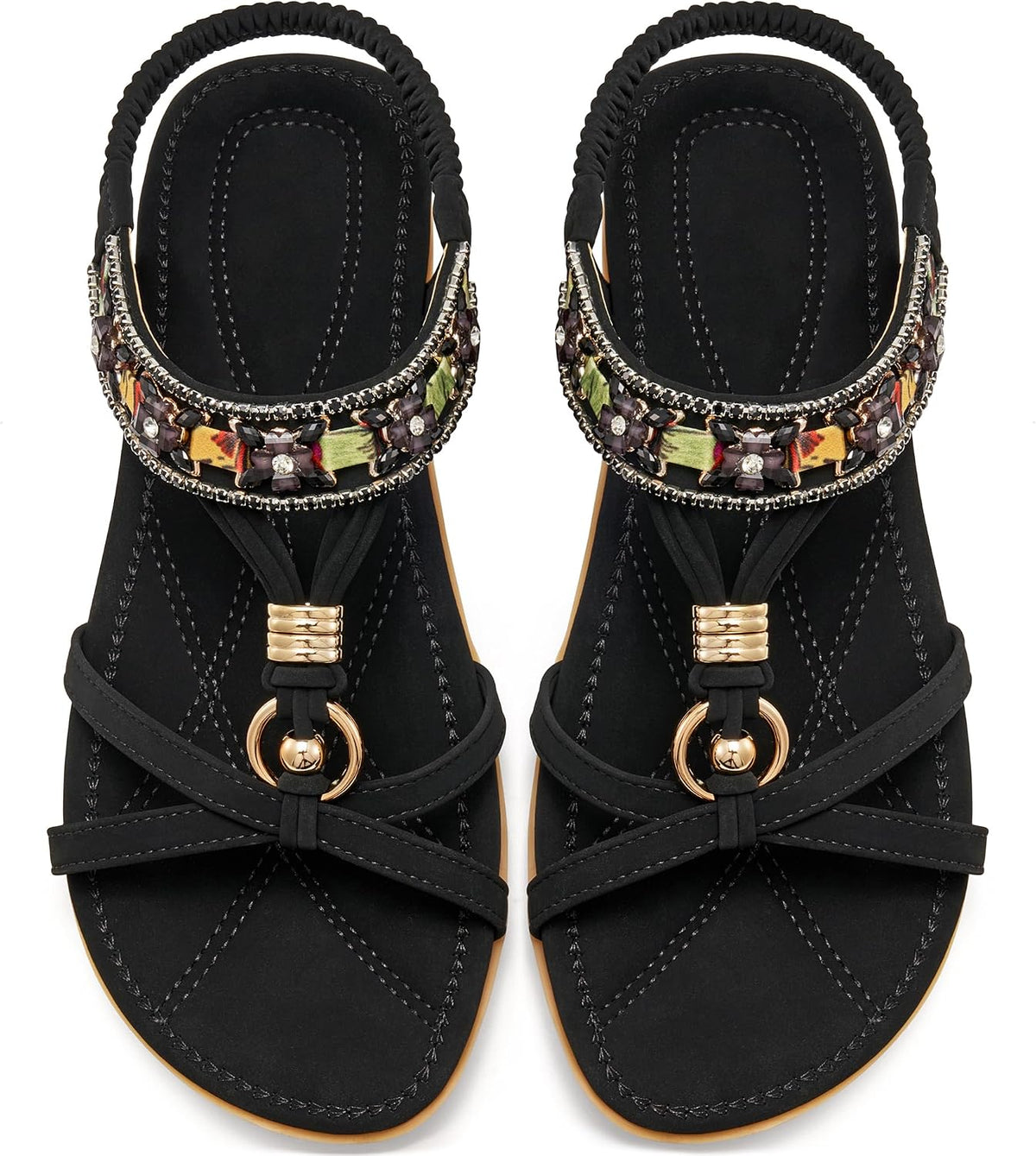 Women's Bohemian Elastic Strap Sandals - Soft Cushioned Flat Footbed for All Day Summer Walking - 6