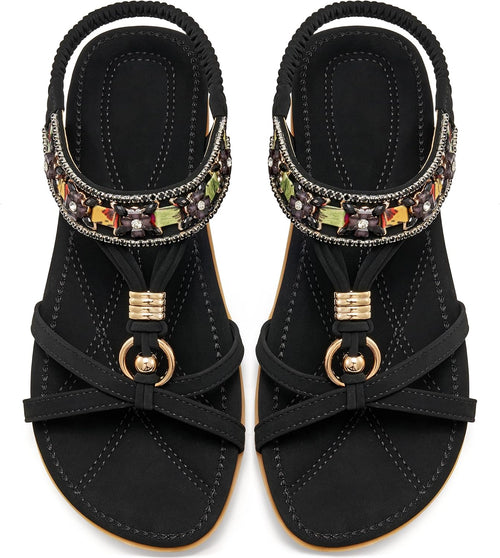 Women's Bohemian Elastic Strap Sandals - Soft Cushioned Flat Footbed for All Day Summer Walking - 6