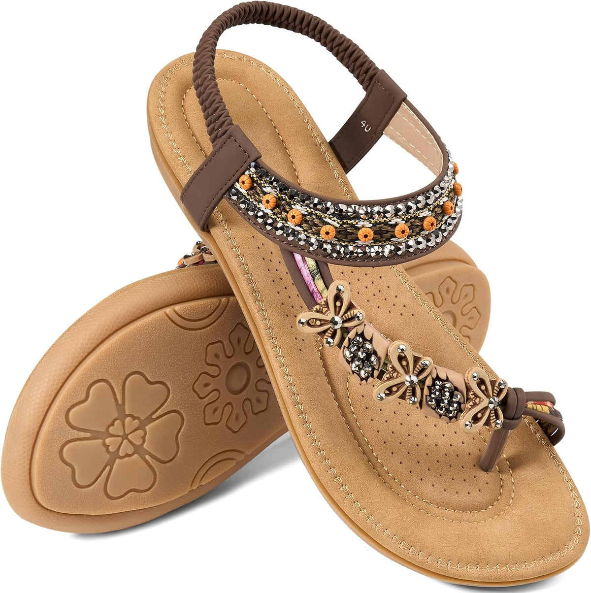 Women's Beaded Toe Ring Flat Sandals - Boho Straps and Flat Sole for Vacation and Daily Walking - 10