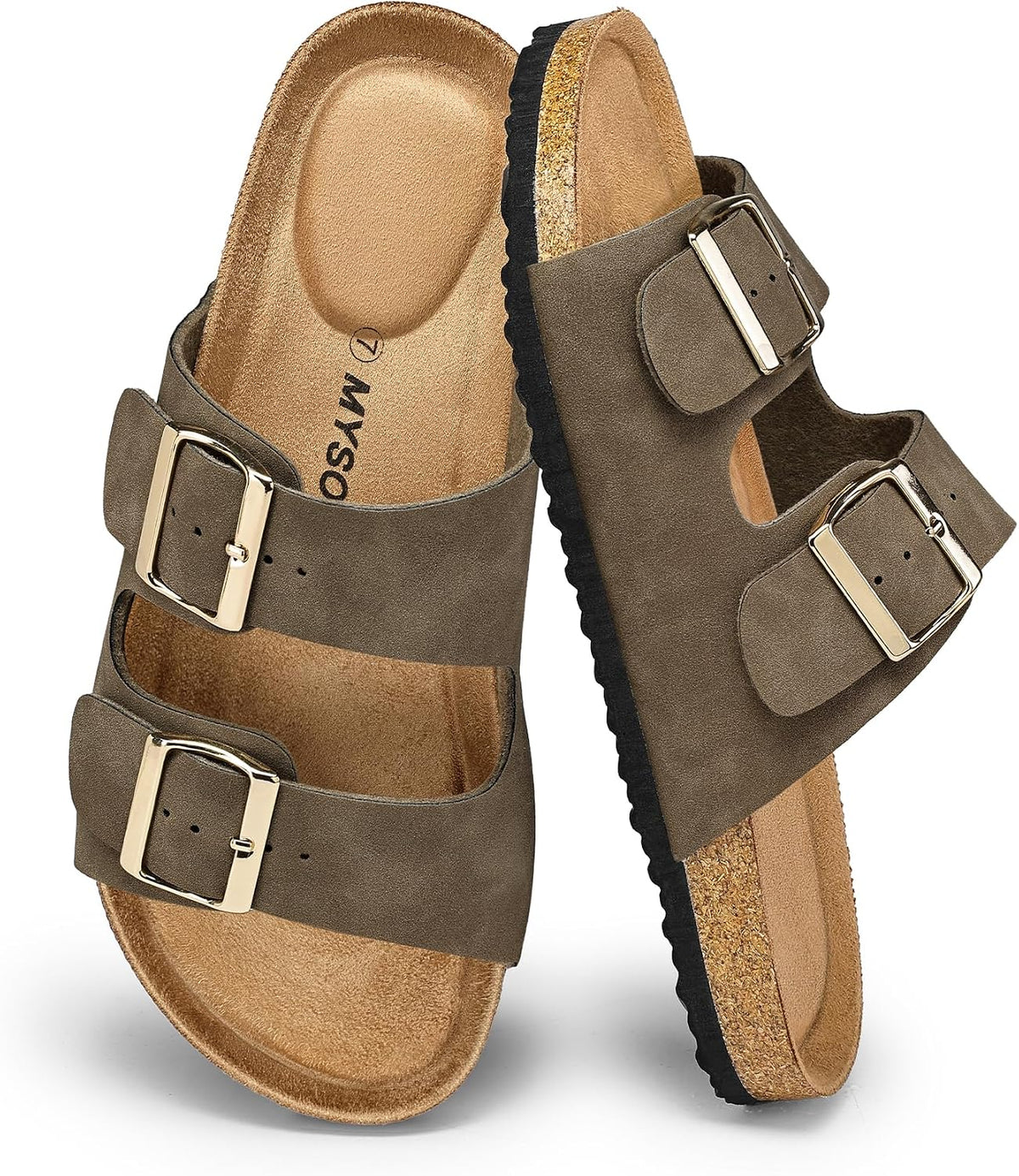 Women's Cork Footbed Flat Slide Sandals - Two Adjustable Buckle Straps and Lightweight Sole for Summer - 7
