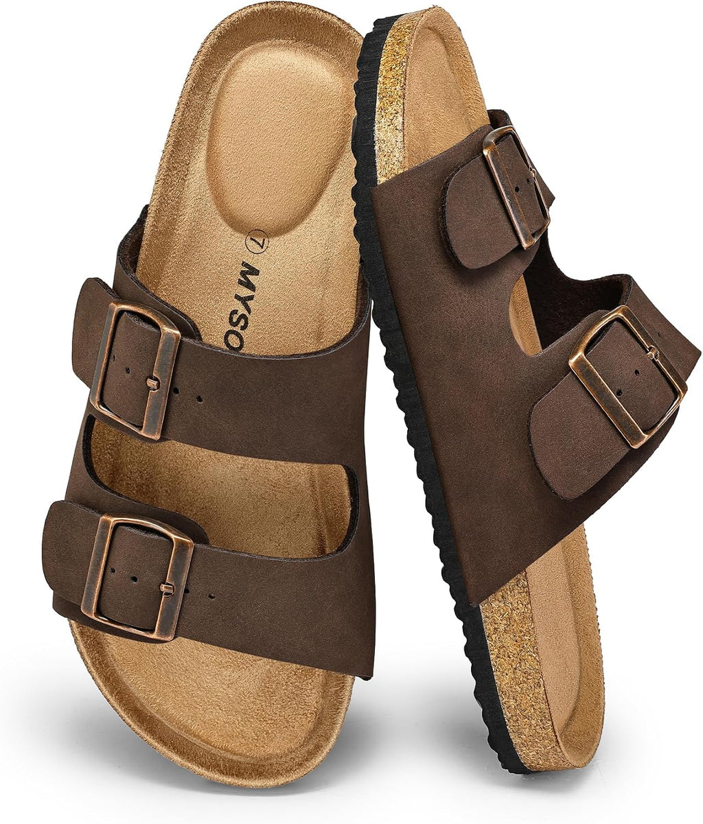 Women's Cork Footbed Flat Slide Sandals - Two Adjustable Buckle Straps and Lightweight Sole for Summer - 7