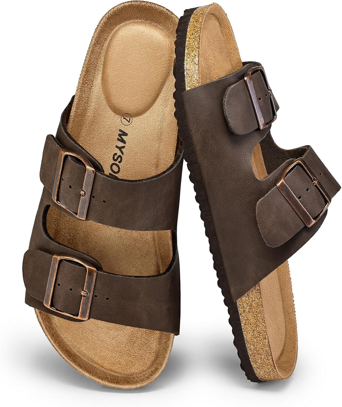 Women's Cork Footbed Flat Slide Sandals - Two Adjustable Buckle Straps and Lightweight Sole for Summer - 7