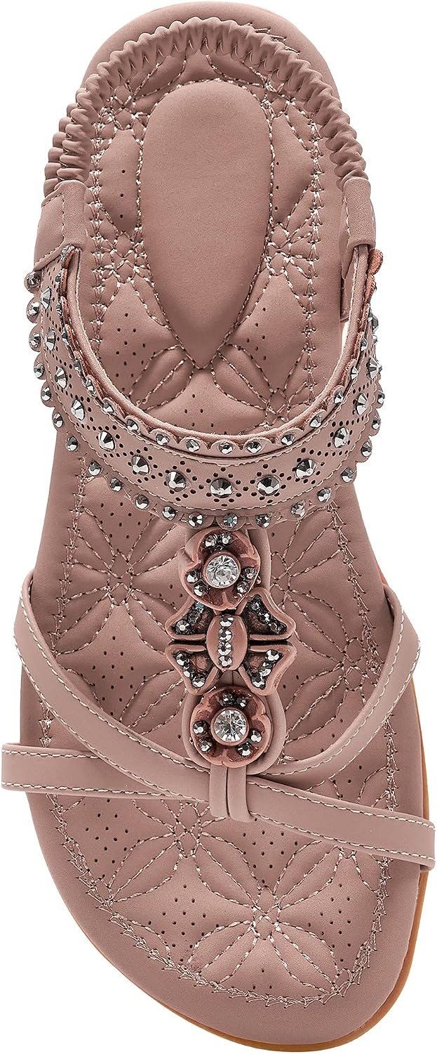 Women's Jeweled Bohemian Flat Sandals - Elastic Ankle Strap and Flat Sole for Weddings and Vacations - 7