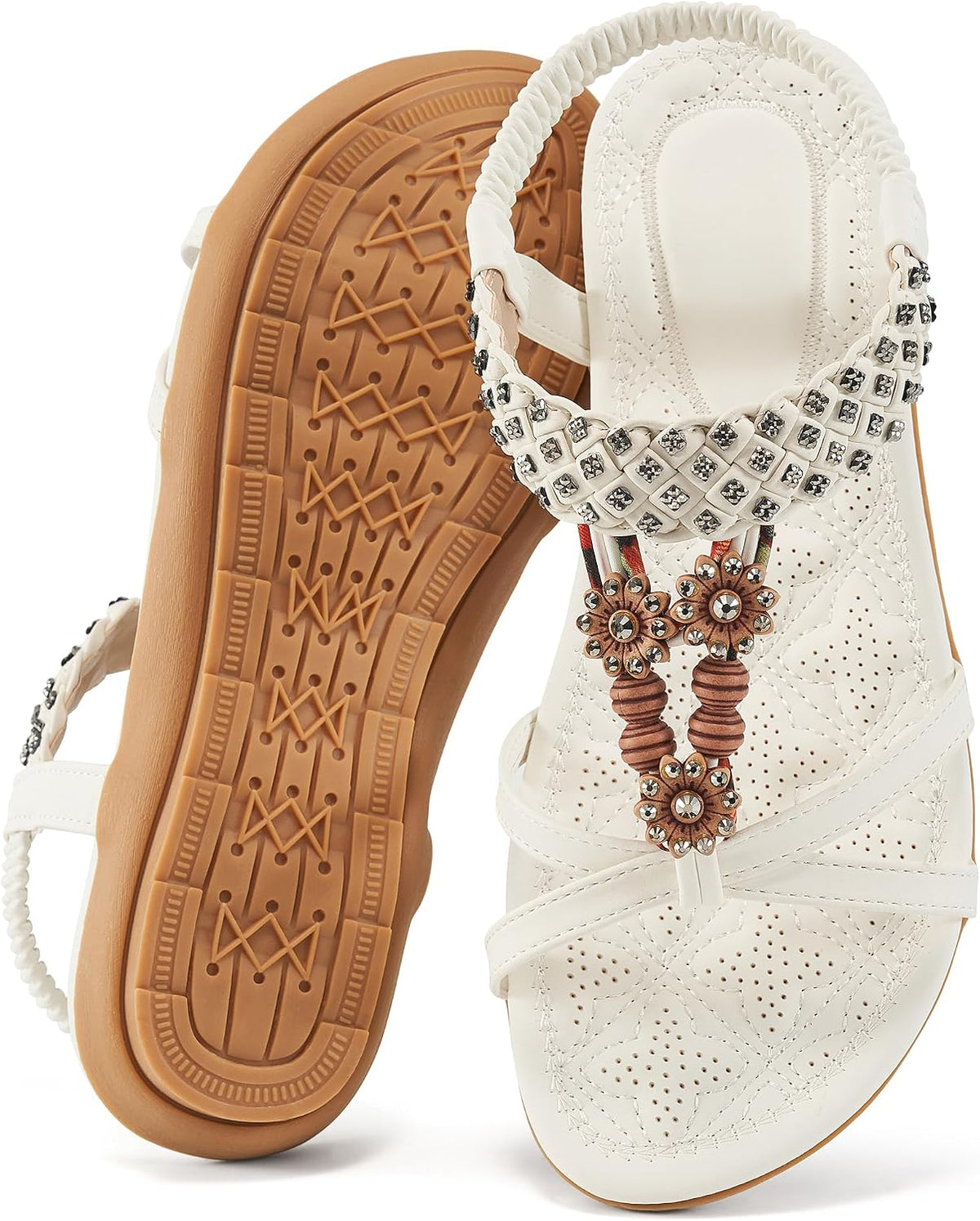 Women's Bohemian Summer Flat Sandals - Elastic Ankle Strap with Flat Sole for Casual Beach Walking - 6