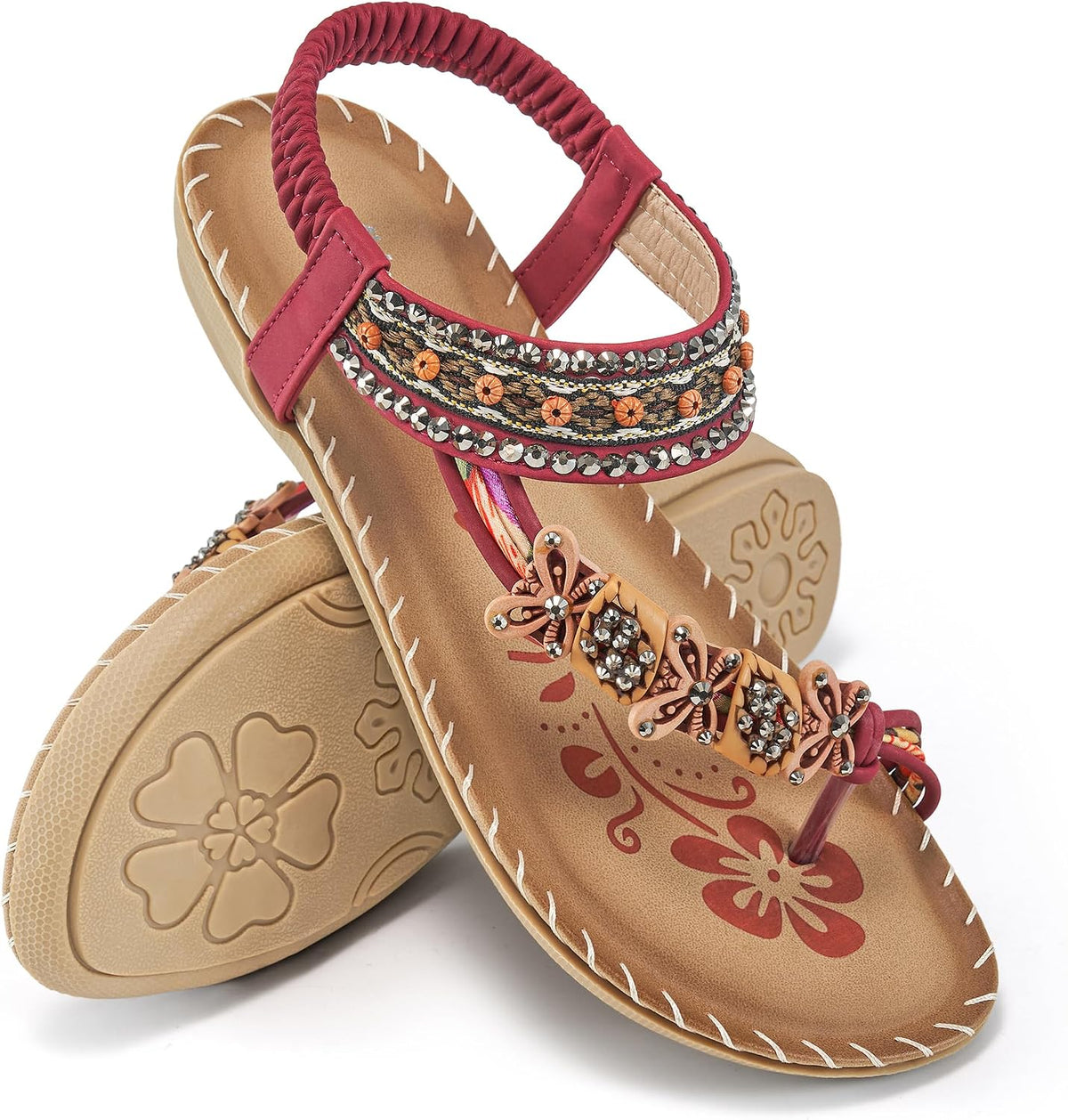 Women's Beaded Toe Ring Flat Sandals - Boho Straps and Flat Sole for Vacation and Daily Walking - 10
