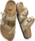 Women's Leather Cork Footbed Sandals - Memory Foam Insole with Adjustable Strap for Daily Casual Wear - 6