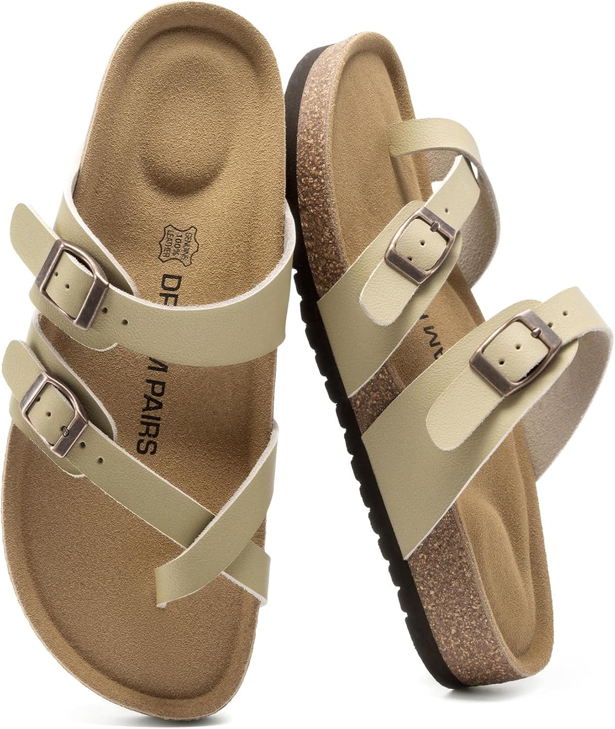 Women's Leather Cork Footbed Sandals - Memory Foam Insole with Adjustable Strap for Daily Casual Wear - 6