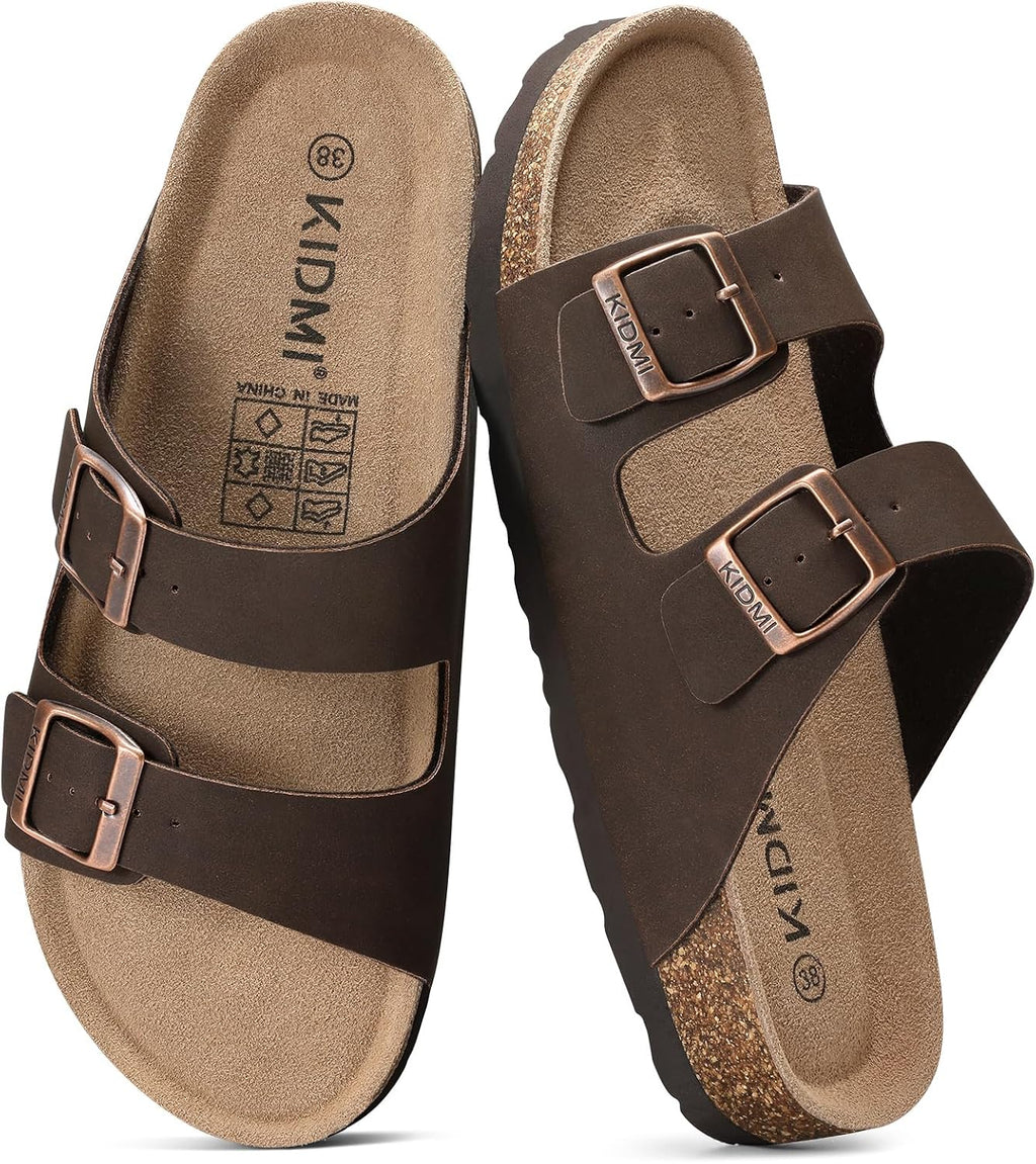 Cork Footbed Slide Sandals - Double Adjustable Buckle Straps with Mild Arch Support and Memory Foam Cushioning - 7.5 Wom