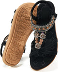 Women's Bohemian Flat Sandals - Elastic Ankle Strap and Level Flat Sole for Dressy Summer Walking - 6