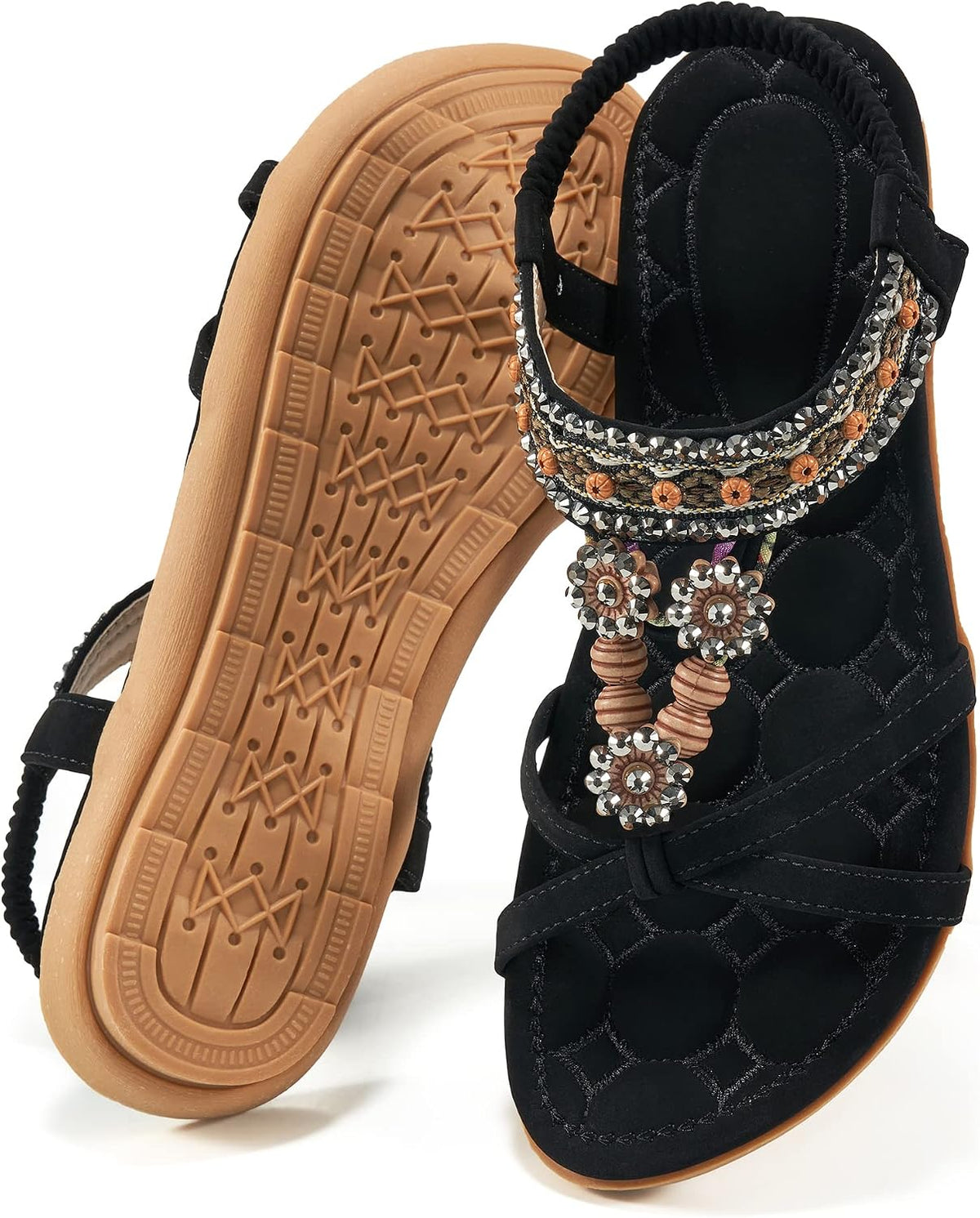 Women's Bohemian Flat Sandals - Elastic Ankle Strap and Level Flat Sole for Dressy Summer Walking - 6