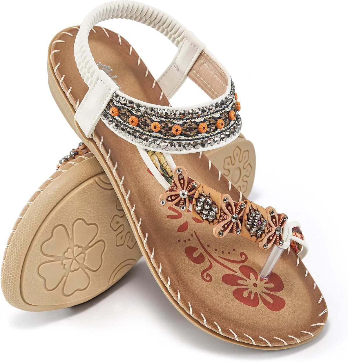 Women's Beaded Toe Ring Flat Sandals - Boho Straps and Flat Sole for Vacation and Daily Walking - 10