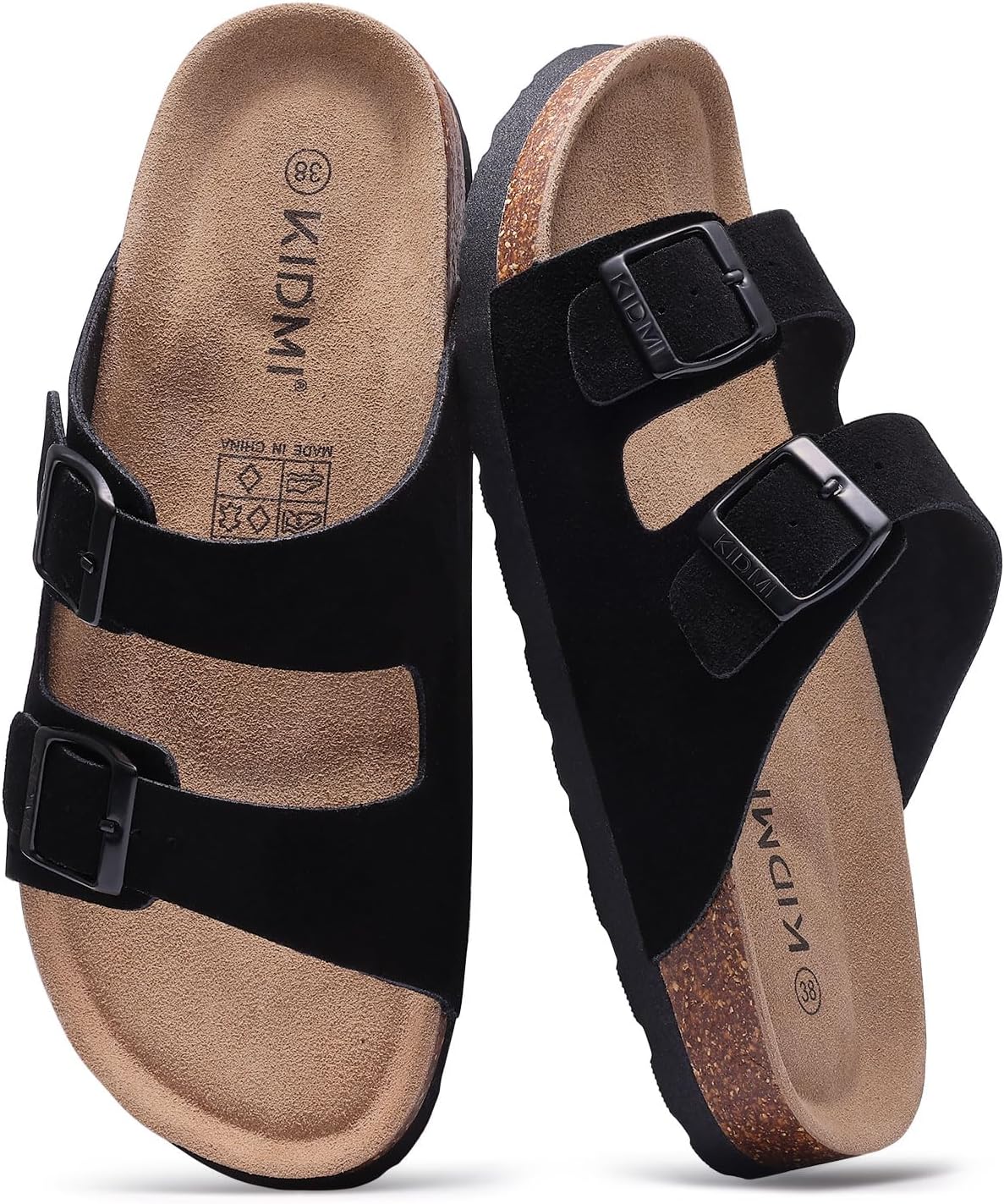 Cork Footbed Slide Sandals - Double Adjustable Buckle Straps with Mild Arch Support and Memory Foam Cushioning - 9 Women
