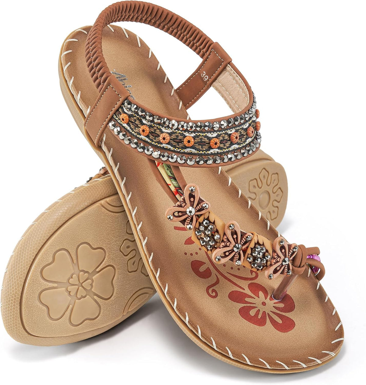 Women's Beaded Toe Ring Flat Sandals - Boho Straps and Flat Sole for Vacation and Daily Walking - 6