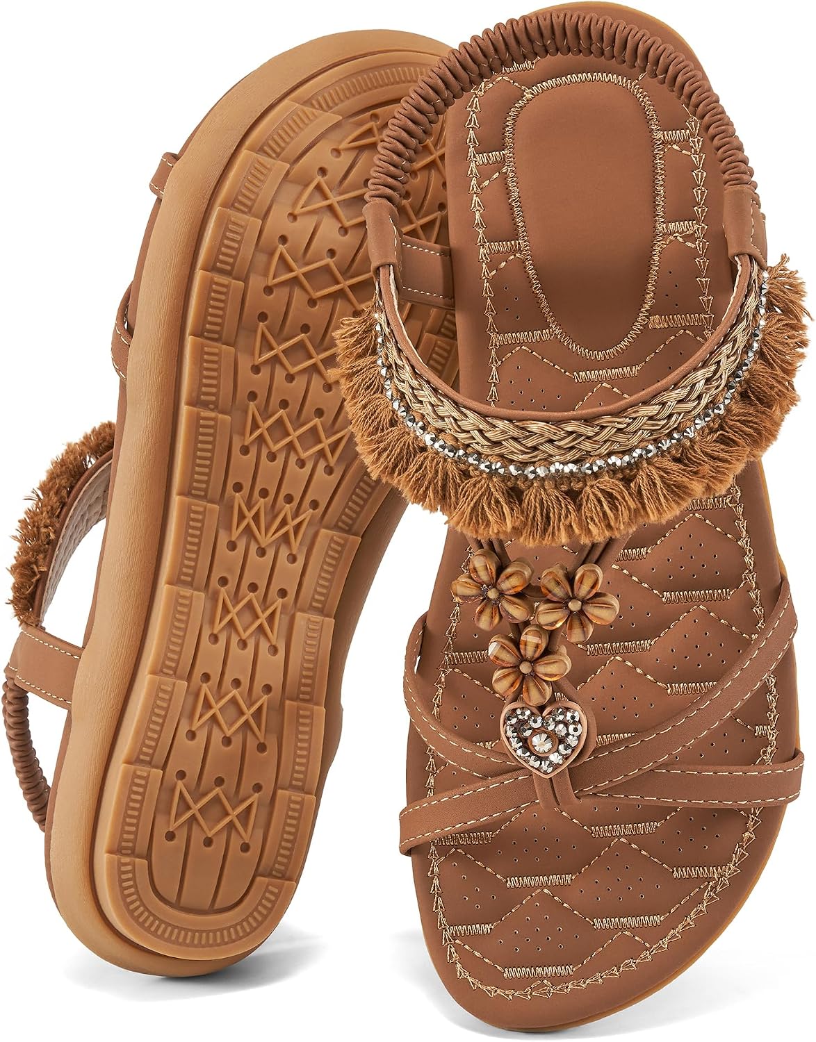 Women's Casual Flat Sandals - Bohemian Woven Vamp with Stretch Ankle Strap for Summer Walking - 6
