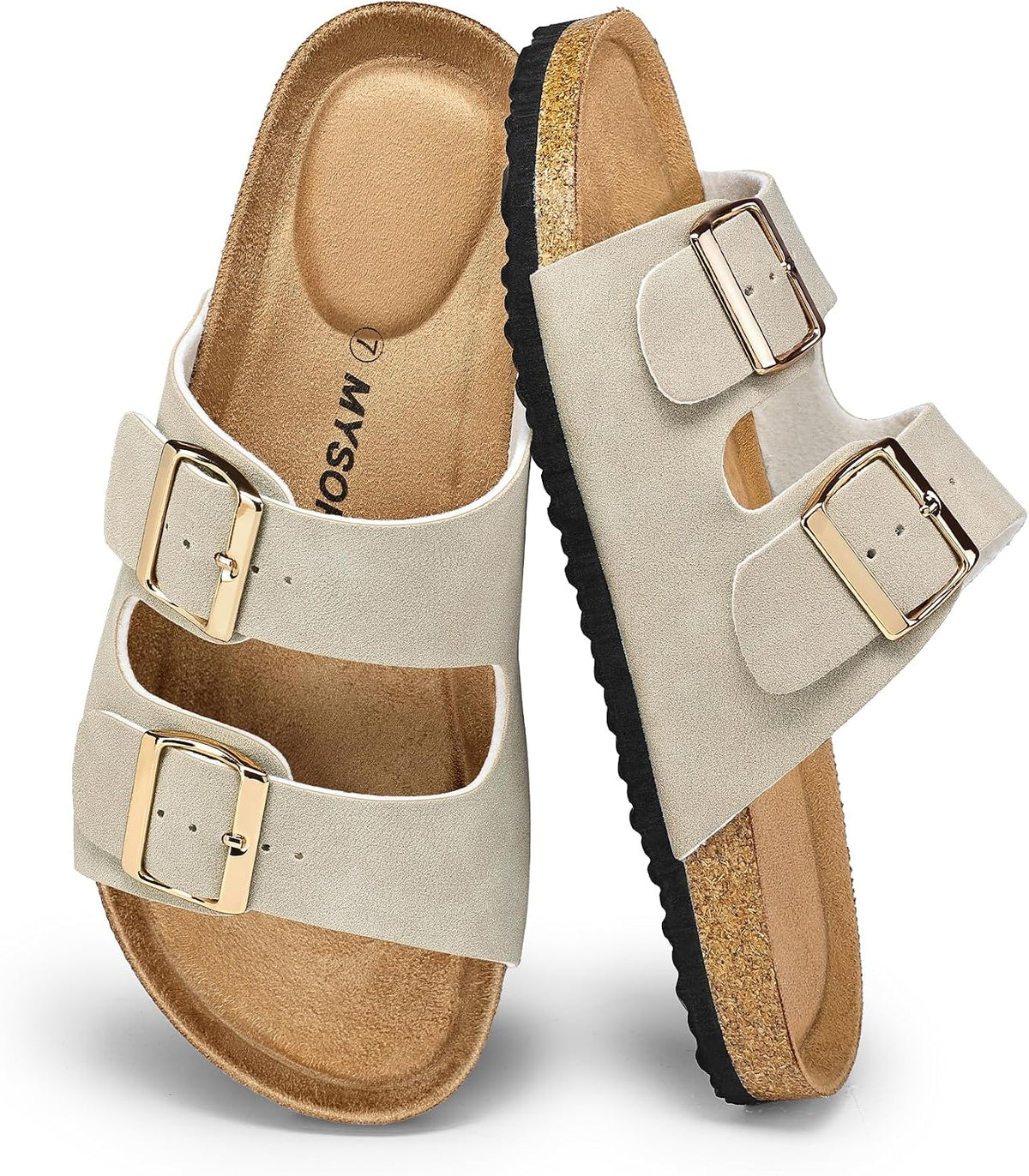 Women's Cork Footbed Flat Slide Sandals - Two Adjustable Buckle Straps and Lightweight Sole for Summer - 6