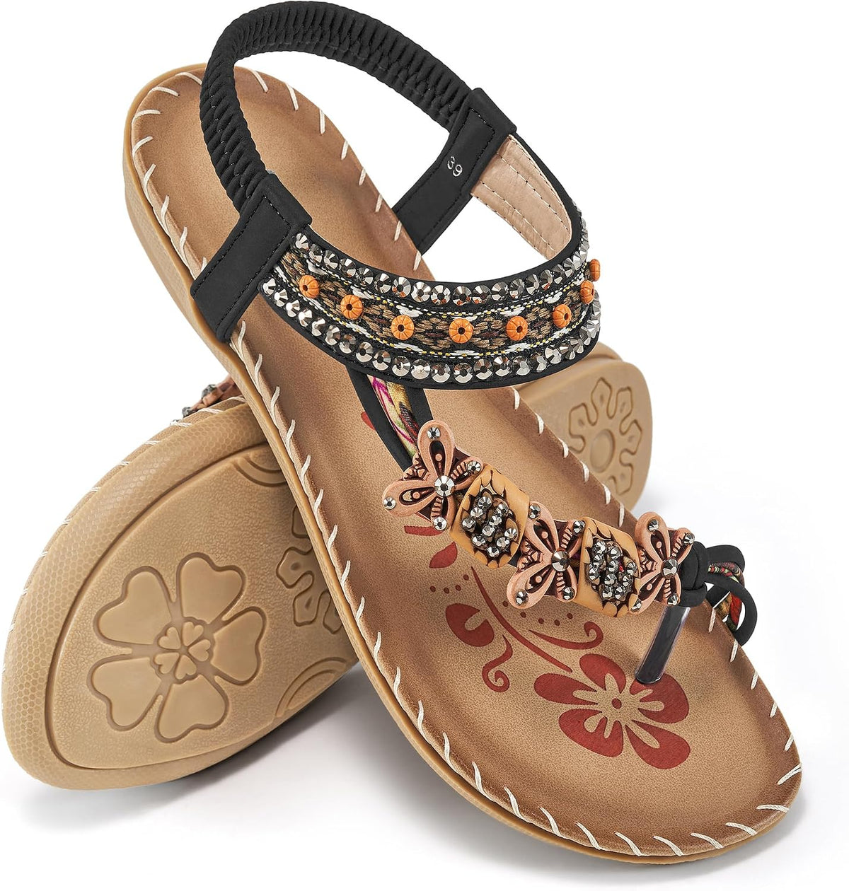 Women's Beaded Toe Ring Flat Sandals - Boho Straps and Flat Sole for Vacation and Daily Walking - 10