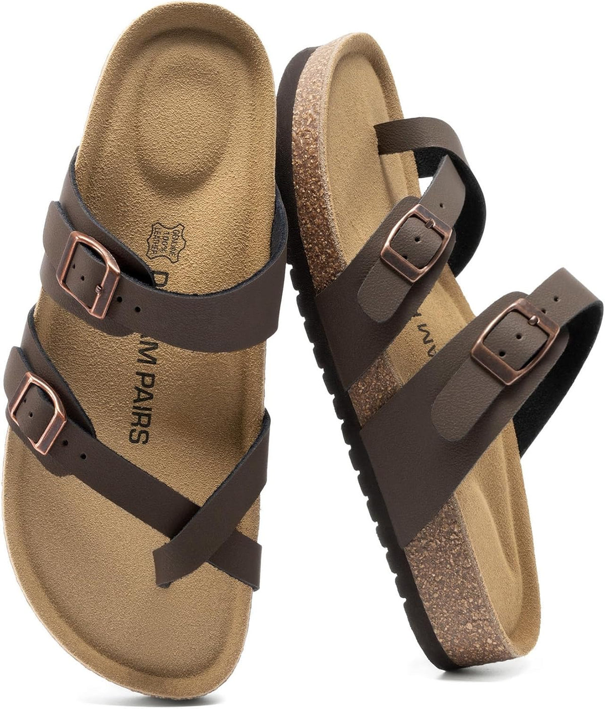 Women's Leather Cork Footbed Sandals - Memory Foam Insole with Adjustable Strap for Daily Casual Wear - 6