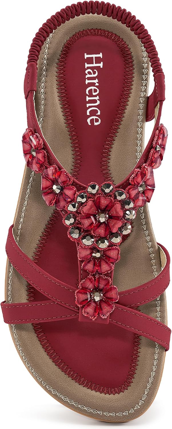 Women's Rhinestone Floral Flat Sandals - Bohemian Straps with Elastic Ankle Band for Summer Vacations - 6