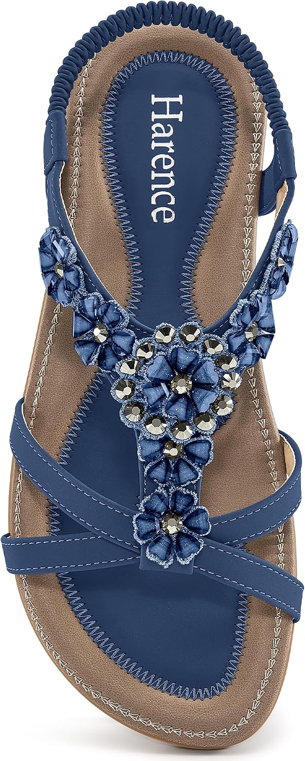 Women's Rhinestone Floral Flat Sandals - Bohemian Straps with Elastic Ankle Band for Summer Vacations - 7