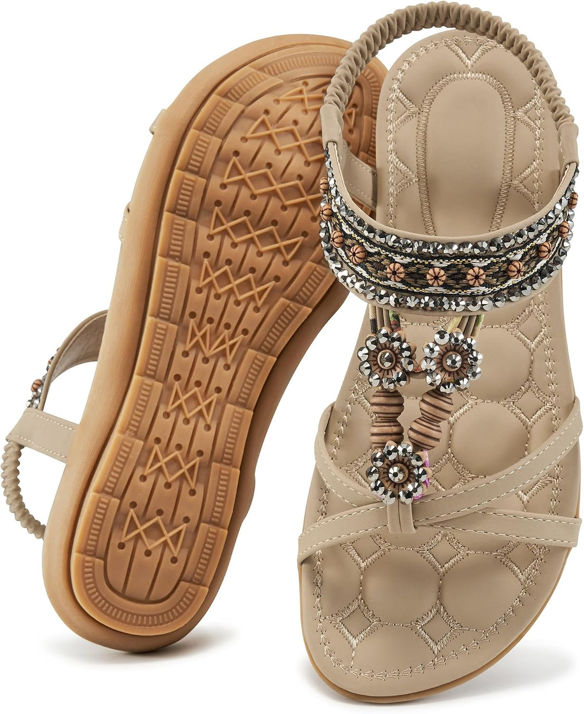 Women's Bohemian Flat Sandals - Elastic Ankle Strap and Level Flat Sole for Dressy Summer Walking - 6
