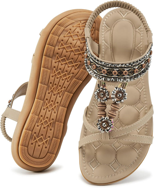 Women's Bohemian Flat Sandals - Elastic Ankle Strap and Level Flat Sole for Dressy Summer Walking - 6