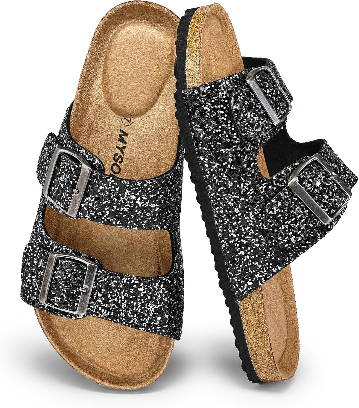 Women's Cork Footbed Flat Slide Sandals - Two Adjustable Buckle Straps and Lightweight Sole for Summer - 7