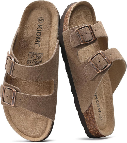 Cork Footbed Slide Sandals - Double Adjustable Buckle Straps with Mild Arch Support and Memory Foam Cushioning - 7.5 Wom