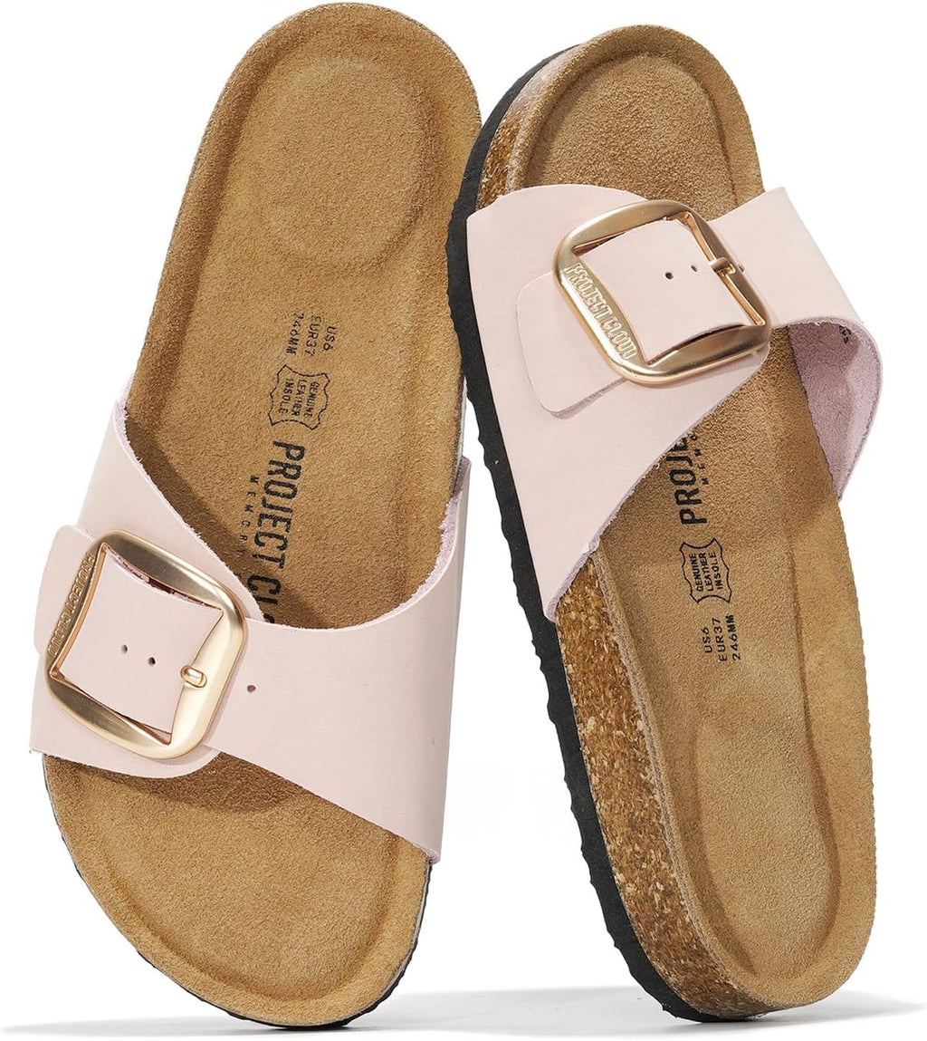 Women's Genuine Leather Slide Sandals - Memory Foam Insole and Buckle Strap for Everyday Summer Wear - 10