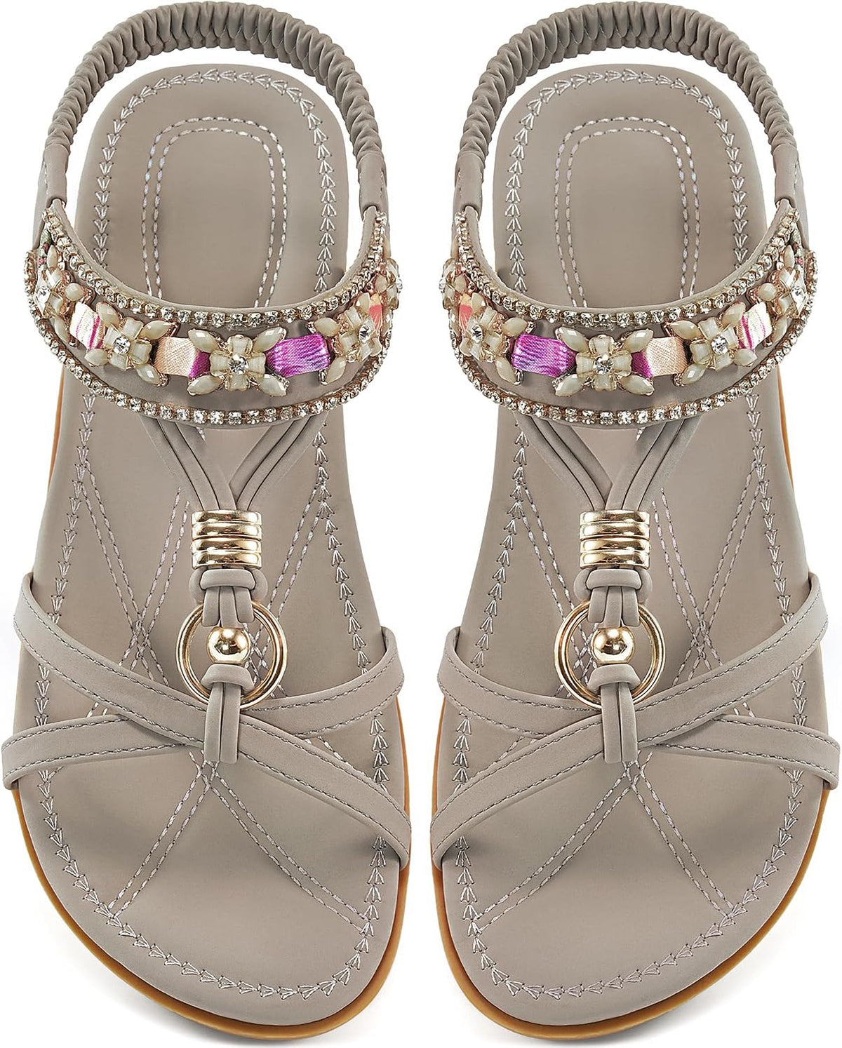 Women's Bohemian Elastic Strap Sandals - Soft Cushioned Flat Footbed for All Day Summer Walking - 7