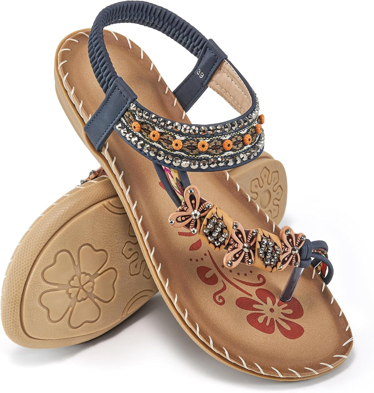 Women's Beaded Toe Ring Flat Sandals - Boho Straps and Flat Sole for Vacation and Daily Walking - 10