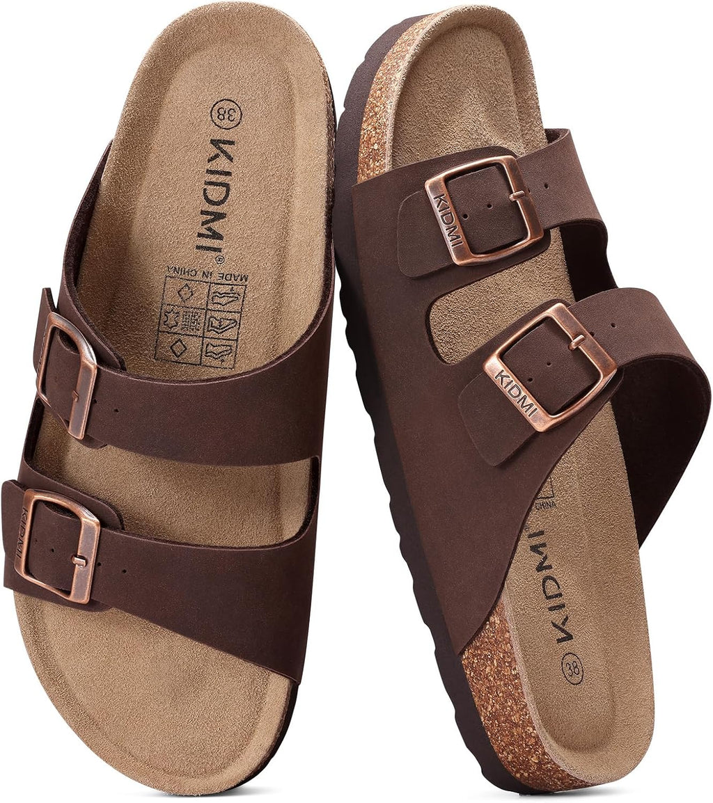 Cork Footbed Slide Sandals - Double Adjustable Buckle Straps with Mild Arch Support and Memory Foam Cushioning - 8 Women