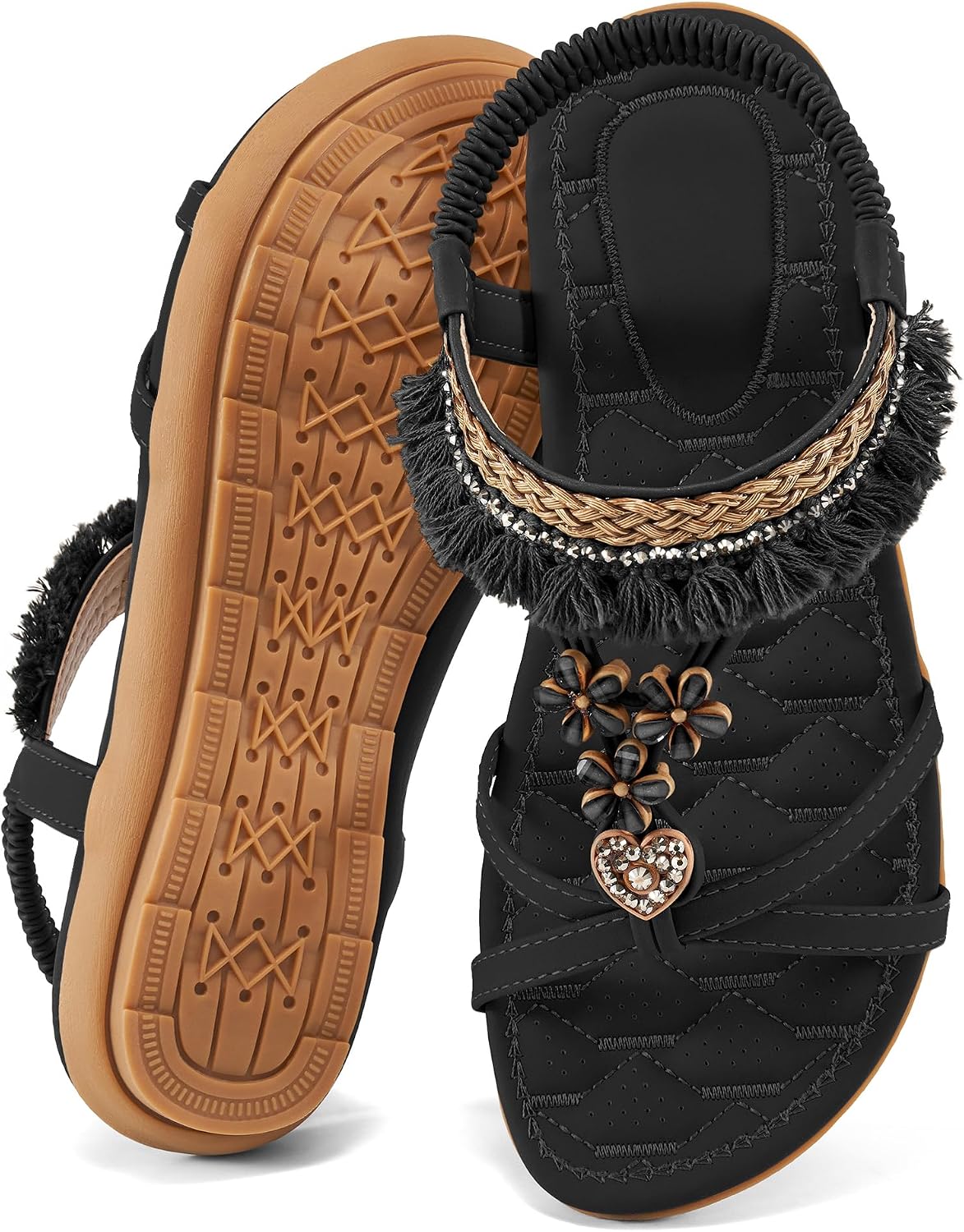 Women's Casual Flat Sandals - Bohemian Woven Vamp with Stretch Ankle Strap for Summer Walking - 6