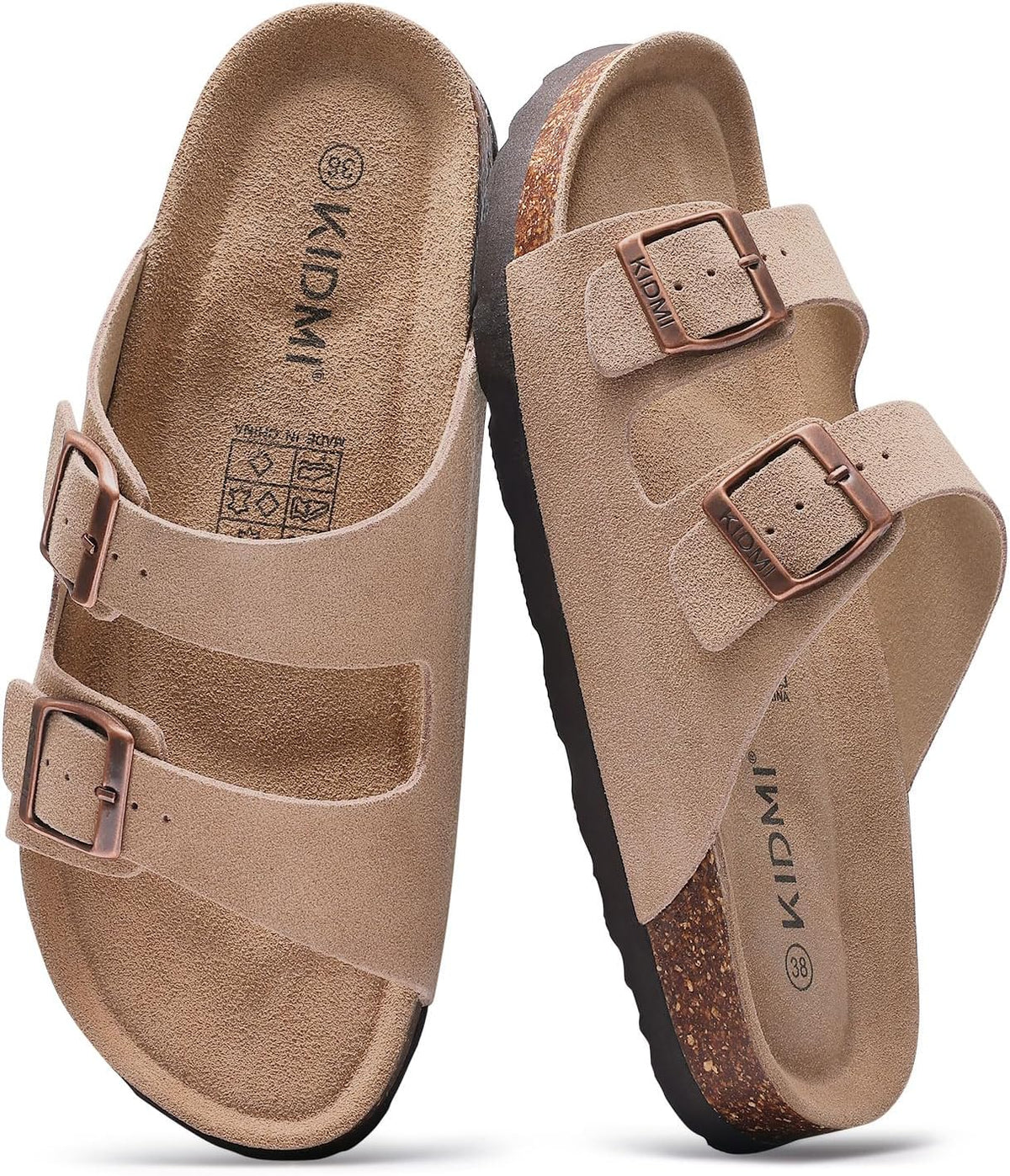 Cork Footbed Slide Sandals - Double Adjustable Buckle Straps with Mild Arch Support and Memory Foam Cushioning - 8 Women