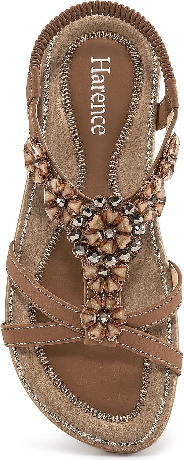 Women's Rhinestone Floral Flat Sandals - Bohemian Straps with Elastic Ankle Band for Summer Vacations - 6