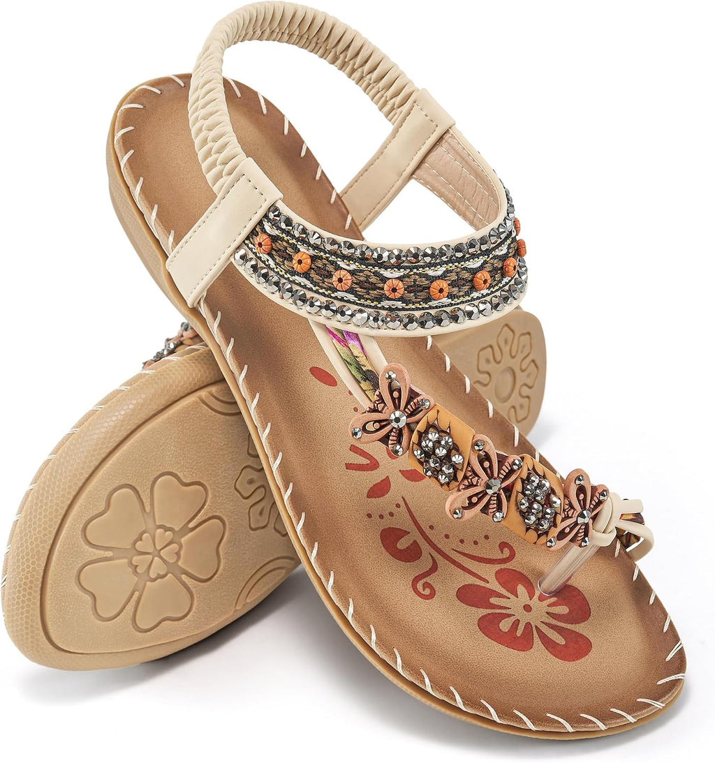Women's Beaded Toe Ring Flat Sandals - Boho Straps and Flat Sole for Vacation and Daily Walking - 10